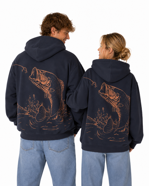 Bass Hooked Hoodie in Navy, back view