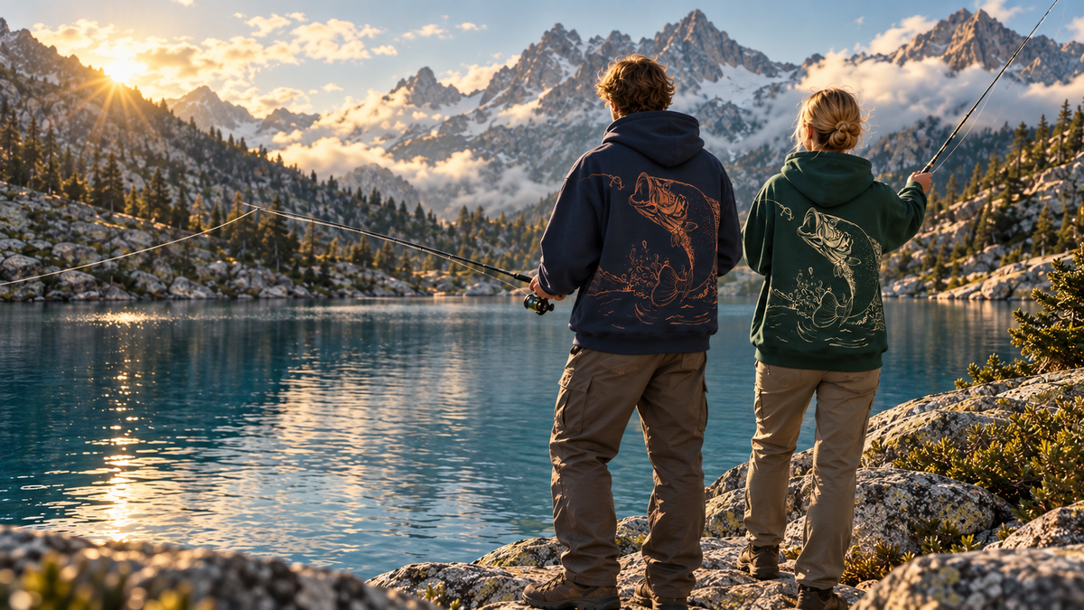 Two anglers wearing Finborne hoodies beside an alpine lake