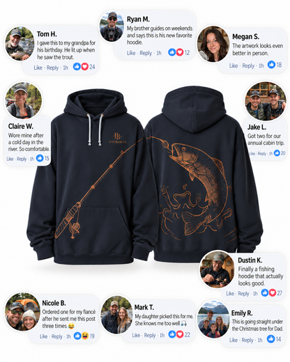 Trout Rise Hoodie front and back with comments from trout anglers and gift buyers